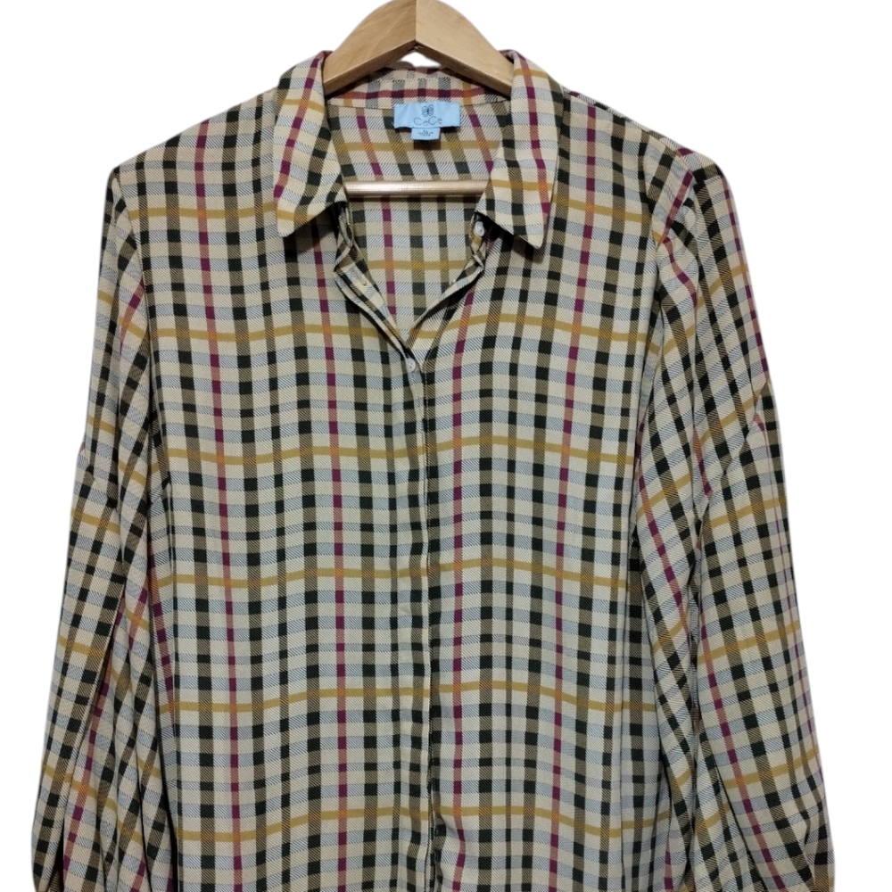 CeCe Women's XL Plaid Long Puff Sleeve Button Front Shirt Blouse - Picture 5 of 5